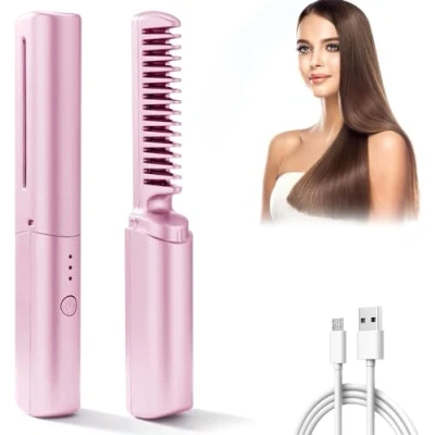 Image of Rechargeable Mini Hair straighteners,Portable Straightener,2 in 1 Straightener Brush and Curler,Cordless straighteners, Curling Iron for Short Long (Pink)