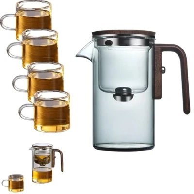 Image of Glass Teapot with Strainer, Water Separation Wooden Handle, Enchantipot Magic Tea Pot, Infuser, Witchcraft Cup, Magical Infuser(Gray,520ml+4*cup)