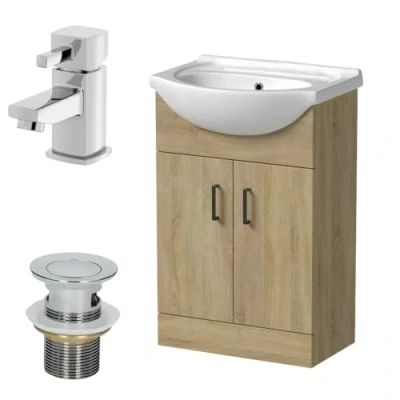 Image of Affine® 560mm Bathroom Vanity Unit Ceramic Sink Floorstanding Storage Cabinet Cupboard &amp; Misa Basin Tap Waste Set, Oak Effect