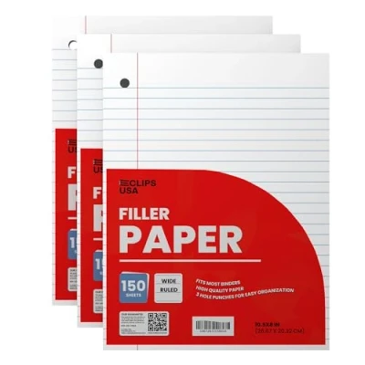 Image of Notebook Paper, Loose Leaf Wide Ruled 10.5 x 8 Filler 56 gsm, 450 Sheets,150 Per Pack (3 Pack)