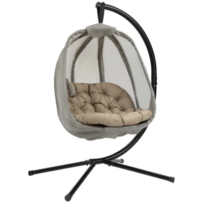 Image of Outsunny Hanging Egg Chair, Folding Texteline Swing Hammock with Side Pocket, Cushion and Stand for Indoor Outdoor, Patio Garden Furniture, Khaki