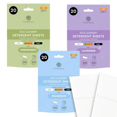 Image of Cosmeau Travel wash Laundry Sheets Mix Pack up to 60 Washes (30 Sheets) Eco Detergent for Whites, Colours &amp; Blacks Biodegradable Hand Machine