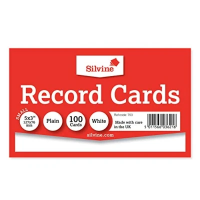 Image of Silvine 5x3 White Record Cards Plain, 100 Per Pack. Ref 753 (127 x 76mm)