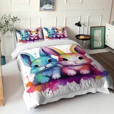 Image of GEEYOU Cute Bunny 3D Comforter Cover Set 3 Piece for Kids Boys Animals Duvet Pillowcases Youth Teens Bedding Quilt with Zipper Closure Soft Microfiber Double（200x200cm）