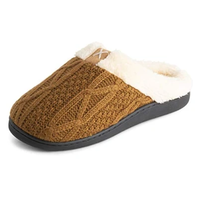 Image of Polar Mens Memory Foam Duel Size Comfort Plush Rubber Sole Outdoor Winter Anti Slip House Cozy Faux Fur Slippers Brown Knitted UK6 7/EU40 41 EA0643