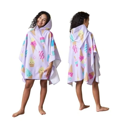 Image of Dreamscene Kids Changing Robe, Soft Absorbent Ice Cream Print Oversized Hooded Towel Poncho for Beach Pool Bath Quick Dry Lightweight Swimming Girls, Lilac Purple