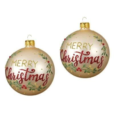 Image of Traditional Round MERRY CHRISTMAS Message Tree Bauble/Hanging Decoration Champagne Gold, Red, Green 8 cm