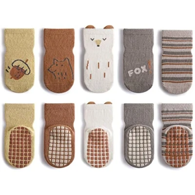 Image of FedMois 5 Pairs Baby Kids Anti slip Socks Cotton non skid Ankle Animals, Fox, 1 3 Years
