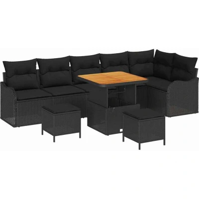 Image of vidaXL 9 Piece Garden Sofa Set with Cushions Black Poly Rattan Acacia