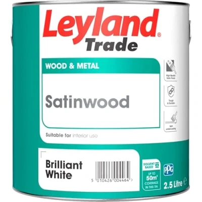 Image of Leyland Trade Satinwood Paint Brilliant White 2.5L
