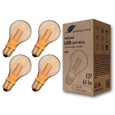 Image of greenandco 4X Dimmable Vintage Design LED Bulb for Mood Lighting E27 A60 Amber 2.3W 65lm 1800K Extra Warm White 320 230V Flicker Free Edison