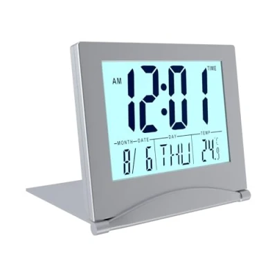 Image of MMOBIEL Digital Clock LCD Travel Alarm Foldable with Backlight Day, Date and Temperature Indication for Table Desk Battery Operated Silver