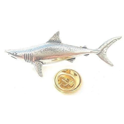 Image of Emblems gifts Mako Shark Fish Handcrafted from English Pewter in the UK Lapel Pin Badge + 59mm Button Gift Bag