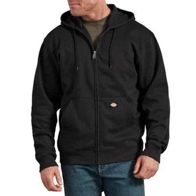 Image of Dickies Hoodie for Men, Full Zipper Fleece Hooded Sweatshirt, Hidden Cellphone Pocket, Black, S