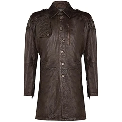 Image of Mens Classic Brown Long Genuine Leather Cromby Trench Jacket M