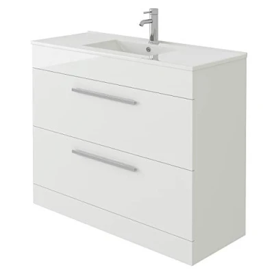 Image of VeeBath Venus 1000 Vanity Unit, Mid Edge Wash Basin Bathroom Sink, Soft Close Drawer, Cloakroom Wall Mounted Storage Cabinet White (Assembled)