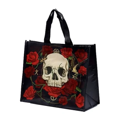 Image of Puckator Skulls &amp; Roses Reusable Shopping Bag Out Of Recycled Plastic Bottles Shoulder Bags Handbags for Women Canvas Tote Hand Large Ladies Aesthetic Stuff