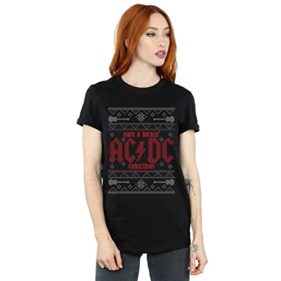 Image of Absolute Cult ACDC Women&#039;s Have A Rockin Christmas Boyfriend Fit T Shirt Black Small