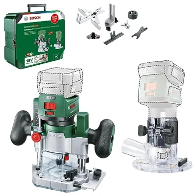 Image of Bosch Home and Garden 2in1 Cordless Trim /Plunge Router; Router Combi Set; AdvancedTrimRouter 18V 8 incl. 2X Milling Bases + Additional Accessories; 18 Volt System; Brushless Motor; in SystemBox M)