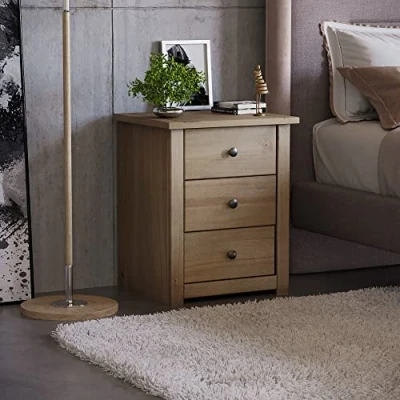 Image of Vida Designs Panama Bedside Chest 3 Drawer, Natural Oak Waxed Bedroom Furniture