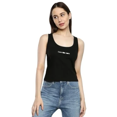 Image of Calvin Klein Jeans Women&#039;s INSTITUTIONAL Strappy TOP Other Knit Tops, Ck Black, L