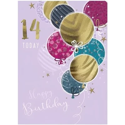 Image of Noel Tatt Girls 14th Birthday Card Age 14 Patterned Balloons and Stars Recyclable &amp; Eco Friendly