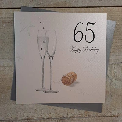 Image of WHITE COTTON CARDS 65 Happy, Handmade 65th Birthday Card, Champagne/Black