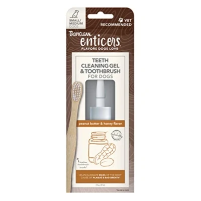 Image of TropiClean Enticers Teeth Cleaning Gel &amp; Toothbrush for S/M Dogs Peanut Butter Honey Flavour, 59ml Helps Remove The Source of Bad Breath and Plaque Bamboo Brush Speeds Up Removal
