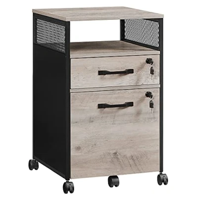 Image of VASAGLE Filing Cabinet, Mobile File Cabinet with 2 Lockable Drawers, Office on Wheels, for A4, Letter Size Hanging Folders, Open Shelf, Steel Frame, Heather Greige and Ink Black OFC077B02