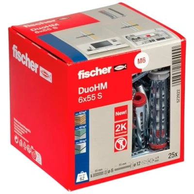 Image of fischer DuoHM 6 x 55 S PZ Cavity Dowels with Metric Panhead Screw and Drive for Attaching TV Brackets, Lights, Wall Shelves, etc. in Panel Building Materials, Pack of 25