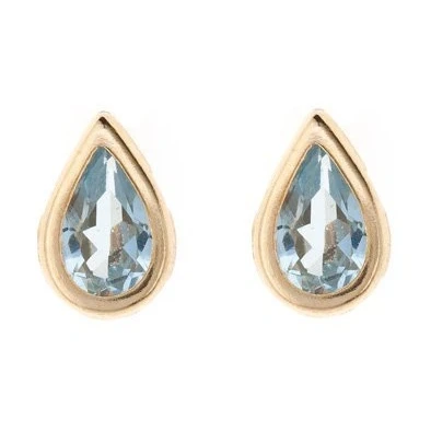 Image of 9ct gold March (aquamarine) birthstone rubover stud earrings. Gift box