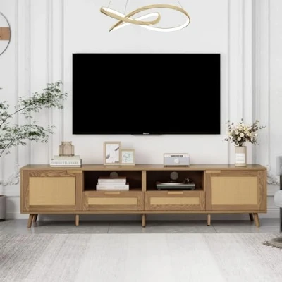 Image of ModernLuxe TV Stand Cabinet, Rattan Unit, Cabinet With 4 Storage and 2 Open Shelves, Stands for Living Room Bedroom, Modern Entertainment Media Console Center, 200 x 37 48.5