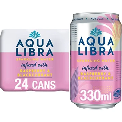 Image of AQUA Libra Sparkling Sugar Free Fruit Water, No Calories, Raspberry and Blackcurrant, 330 ml, Pack of 24
