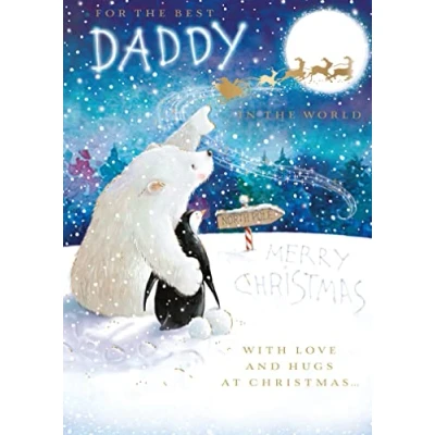 Image of Ling Design Christmas Card &#039;For The Best Daddy&#039; Polar Bear and Penguin Watching Santa In Sky Lovely with Gold Foil Finish