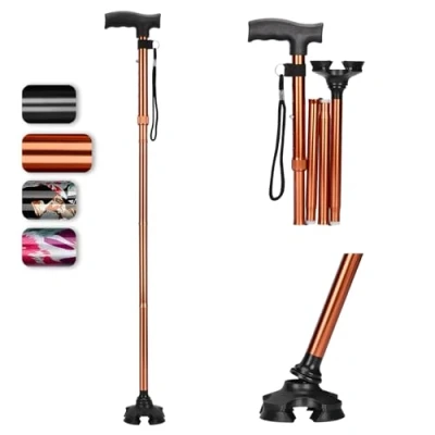 Image of supregear Folding Cane, 5 Level Adjustable Cane with T Handle and Anti lost Wrist Strap Non Slip Self Standing 4 Legged Rubber Support Collapsible for Elderly Disabled Men Women