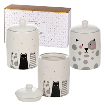Image of SPOTTED DOG GIFT COMPANY Tea Coffee Sugar Canisters, Set of 3 Ceramic Food Storage Jars Containers with Airtight Lids, Cute Black Cat Themed Kitchen Accessories Gifts for Women Men