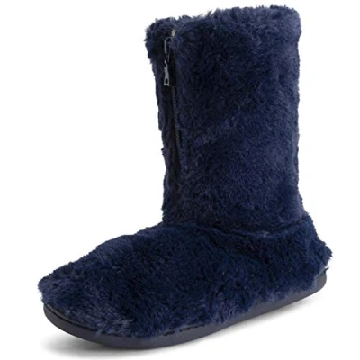 Image of Polar Womens Memory Foam Zipper Faux Fur Covered Rubber Sole Indoor Outdoor Cosy Luxury Boot Slippers Navy UK8/EU41 YC0721