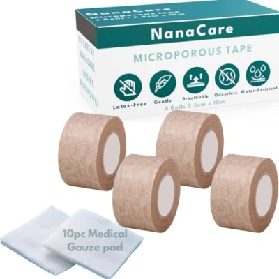 Image of NanaCare Tan Microporous Surgical Tape 2.5cm x 10m (4 Rolls) Micropore Skin Coloured Nose Medical for Skin, Dressings &amp; Rhinoplasty Recovery Sensitive