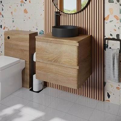 Image of Affine® 600mm Vanity Unit Bathroom Wall Mounted Storage Cabinet Cupboard Cloakroom, Soft Close Drawers, Lyon Black Countertop Basin Sink, Oak Effect