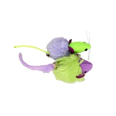 Image of DINGO The Party Cat Toy Set: 2 Fluffy Knitwear Mice Toys with Attached Bells, for Play and Hunting. Lightweight Pet Toys, Colours Green Purple (21194)