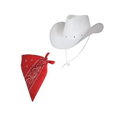 Image of Adult Texan Cowboy Hat White &amp; Red Bandana/Neckerchief Fancy Dress Party Accessory Wild Western Sheriff Country Rancher