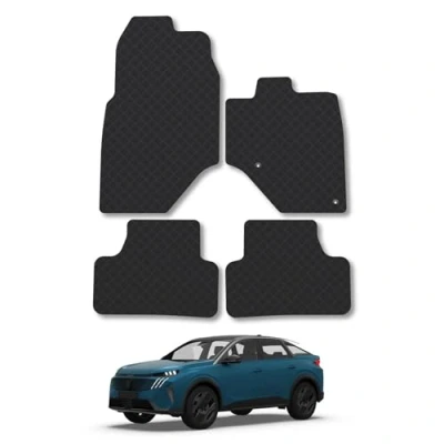 Image of 5mm Rubber Car Mats Compatible with Peugeot e3008 (2024 Onwards) Tailored Fit Floor Liner Set Accessory Black Custom 4 Pieces Anti Slip Backing, Heavy Duty &amp; Waterproof, Easy Clean