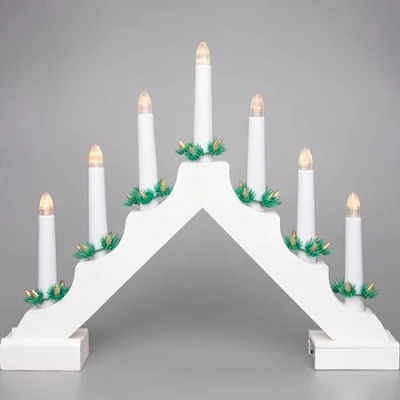 Image of SHATCHI Traditional Wooden Pre Lit White Candle Bridge Light 7 LEDs Bulbs Battery Powered Window Christmas Tree Home Office Desk Holiday Xmas Festive Decoration