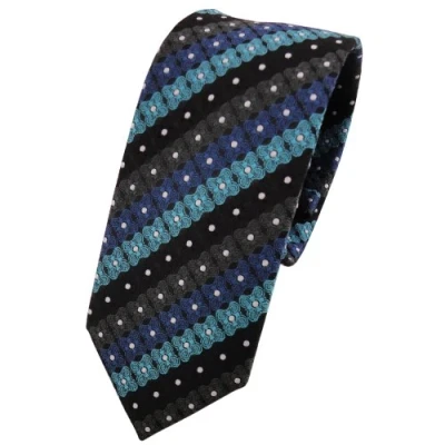 Image of TigerTie narrow Designer tie necktie turquoise blue black anthracite silver striped