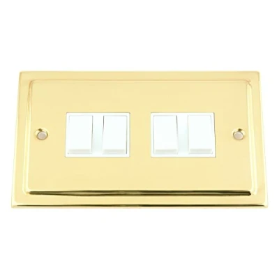 Image of Light Switch 4 Gang Victorian Polished Brass White Insert Plastic 10 Amp Quad 2 Way