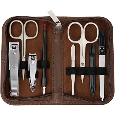 Image of 3 Swords Germany brand quality 8 piece manicure pedicure grooming kit set for professional finger &amp; toe nail care scissors clipper fashion leather case in gift box, Made by (0958)