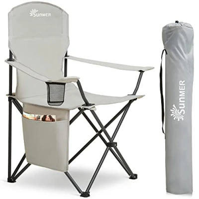 Image of SUNMER Folding Camping Chairs, Extra Wide Lightweight Outdoor Chairs with Armrests and Cup Holder, 120 kg Capacity Light Grey