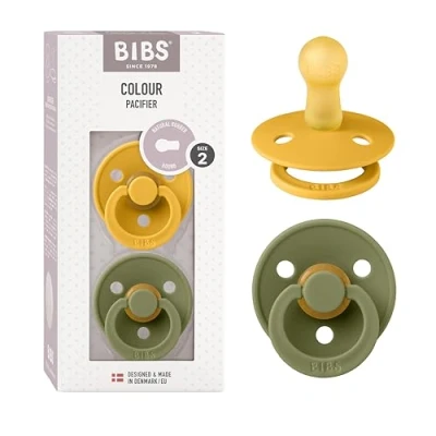 Image of BIBS Colour Soother 2 Pack, BPA Free Dummy Pacifier, Round Nipple. Natural Rubber Latex, Size (6 18 Months), Honey Bee/Olive