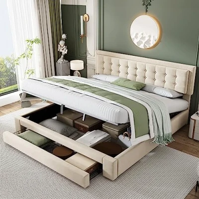 Image of Merax Upholstered Hydraulic Lift, Frame with Slats, Headboard and Large Storage Space, Functional Ottoman Bed, Elegant Finish, Style 03 Velvet Cream 5ft, 150x200cm