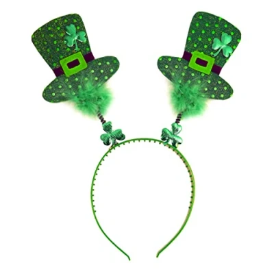 Image of HENBRANDT Irish Hat Head Bopper with Shamrock and Green Fur Leprechaun Hats Headband Deely Boppers St. Patrick&#039;s Day Novelty Gifts Fancy Dress Hair Accessory for Adults